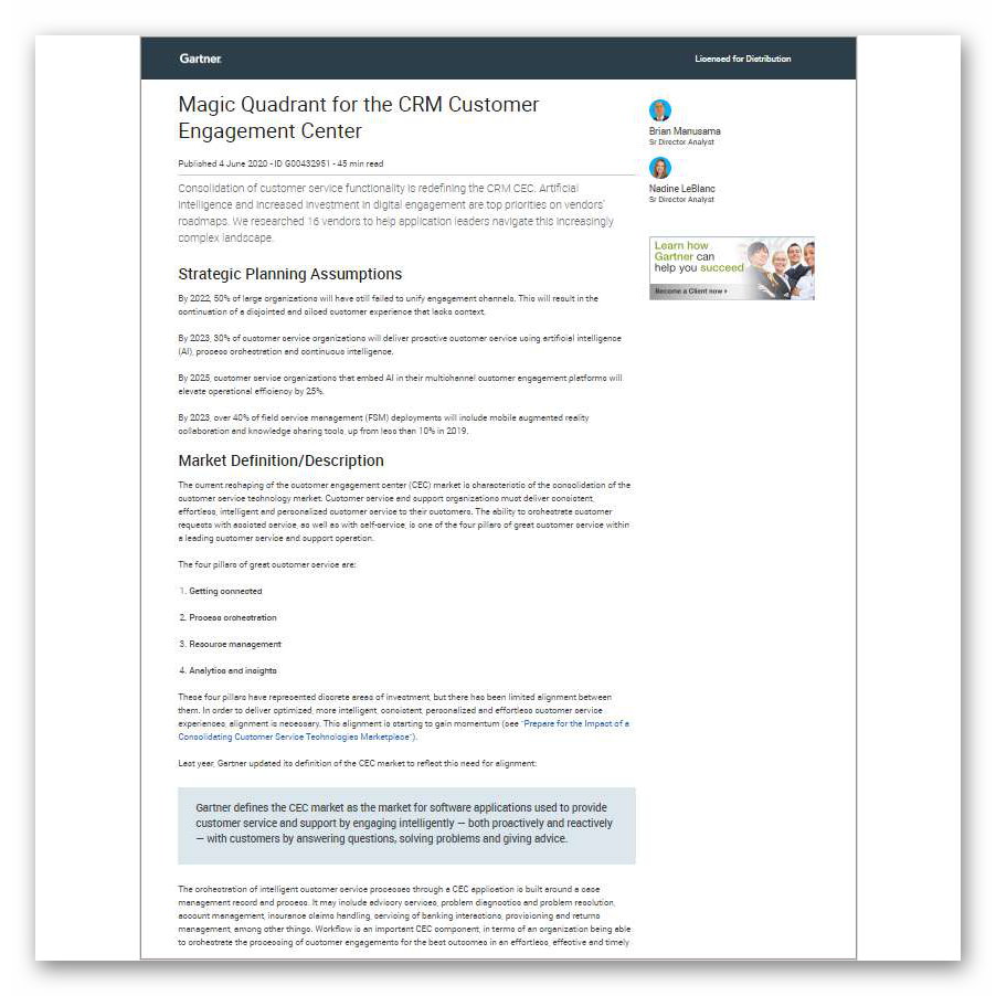 2020 Gartner Magic Quadrant CRM for Customer Engagement Center 2020 Gartner Magic Quadrant CRM for Customer Engagement Center